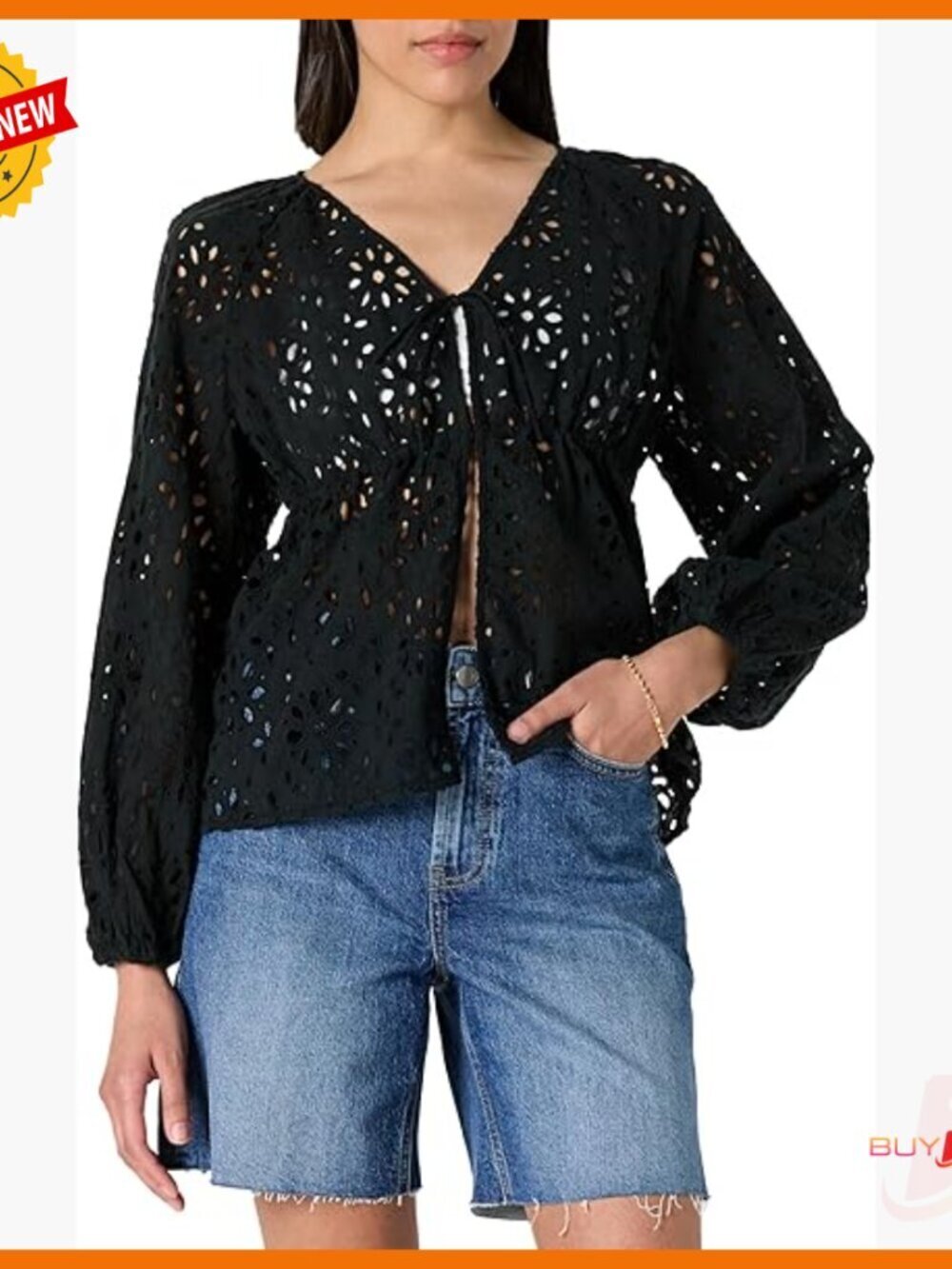 V-Neck Balloon Sleeve Blouse with Tie Front, 100% Cotton Regular Fit
